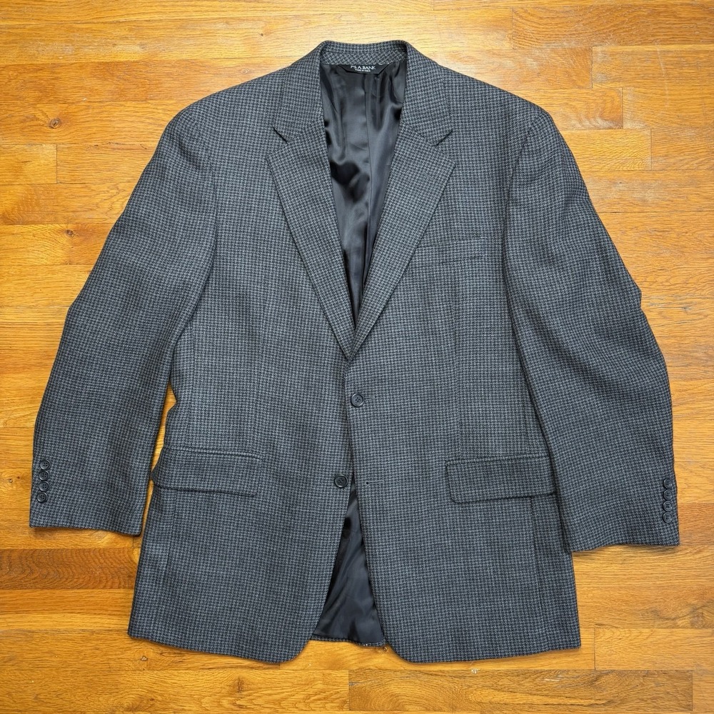 Jos A Bank Men Size 42R 100% Wool Blazer Jacket Dark Grey Houndstooth Two Button